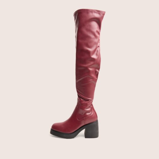 Sensored Burgundy Chunky Sole Sock Over the Knee Boots