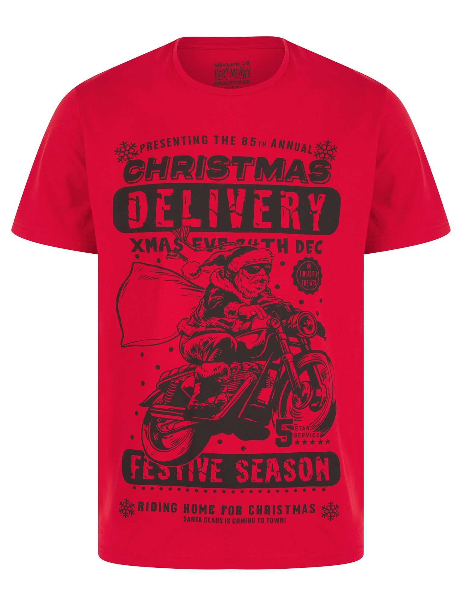 T-Shirts Men's Christmas Delivery Motif Novelty Cotton Christmas T-Shirt in Barados Cherry - Merry Christmas / M - Tokyo Laundry