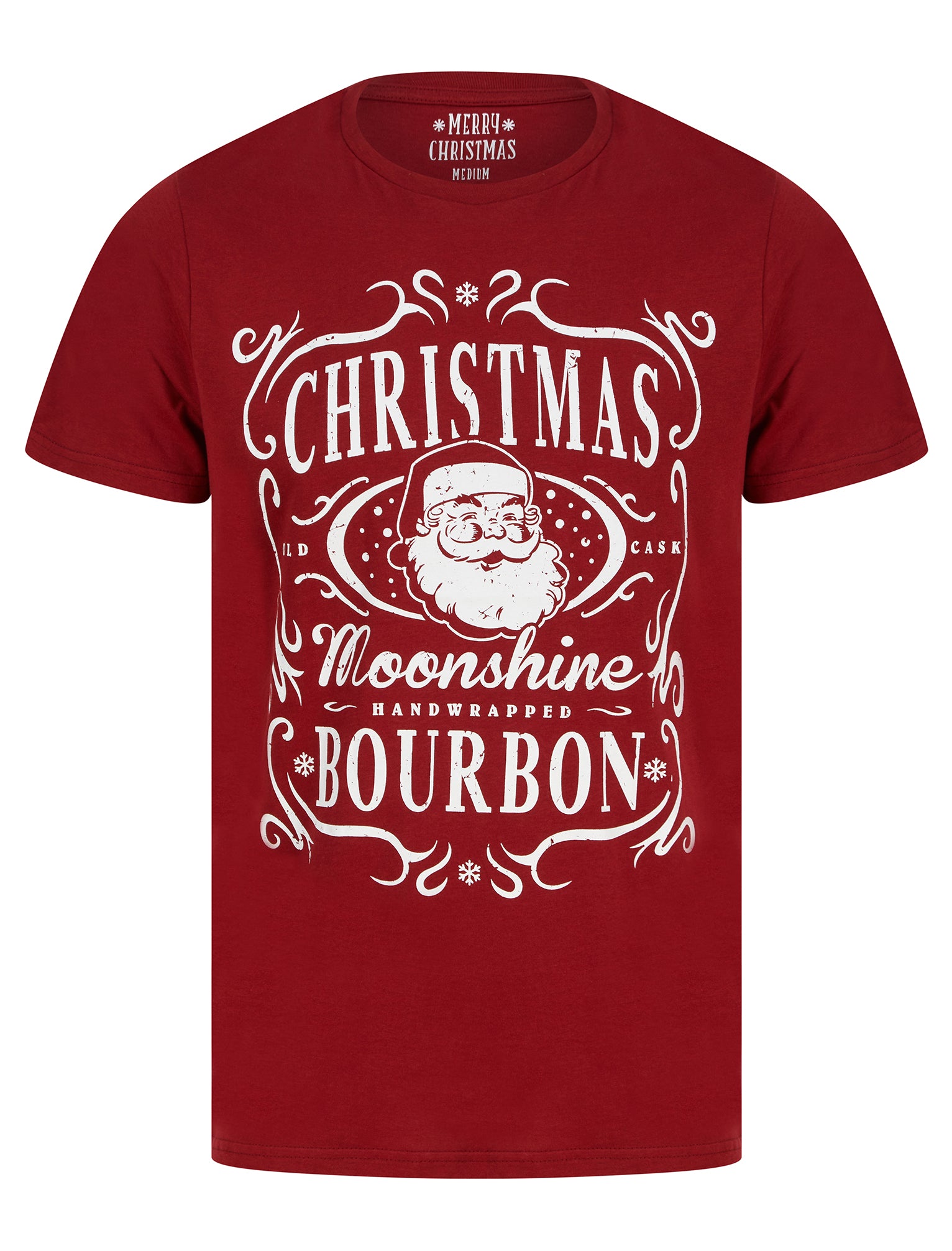 T-Shirts Men's Xmas Bourbon Motif Novelty Cotton Christmas T-Shirt in Red Dahlia - Merry Christmas / M - Tokyo Laundry