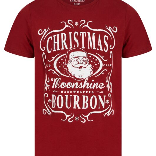 T-Shirts Men's Xmas Bourbon Motif Novelty Cotton Christmas T-Shirt in Red Dahlia - Merry Christmas / S - Tokyo Laundry